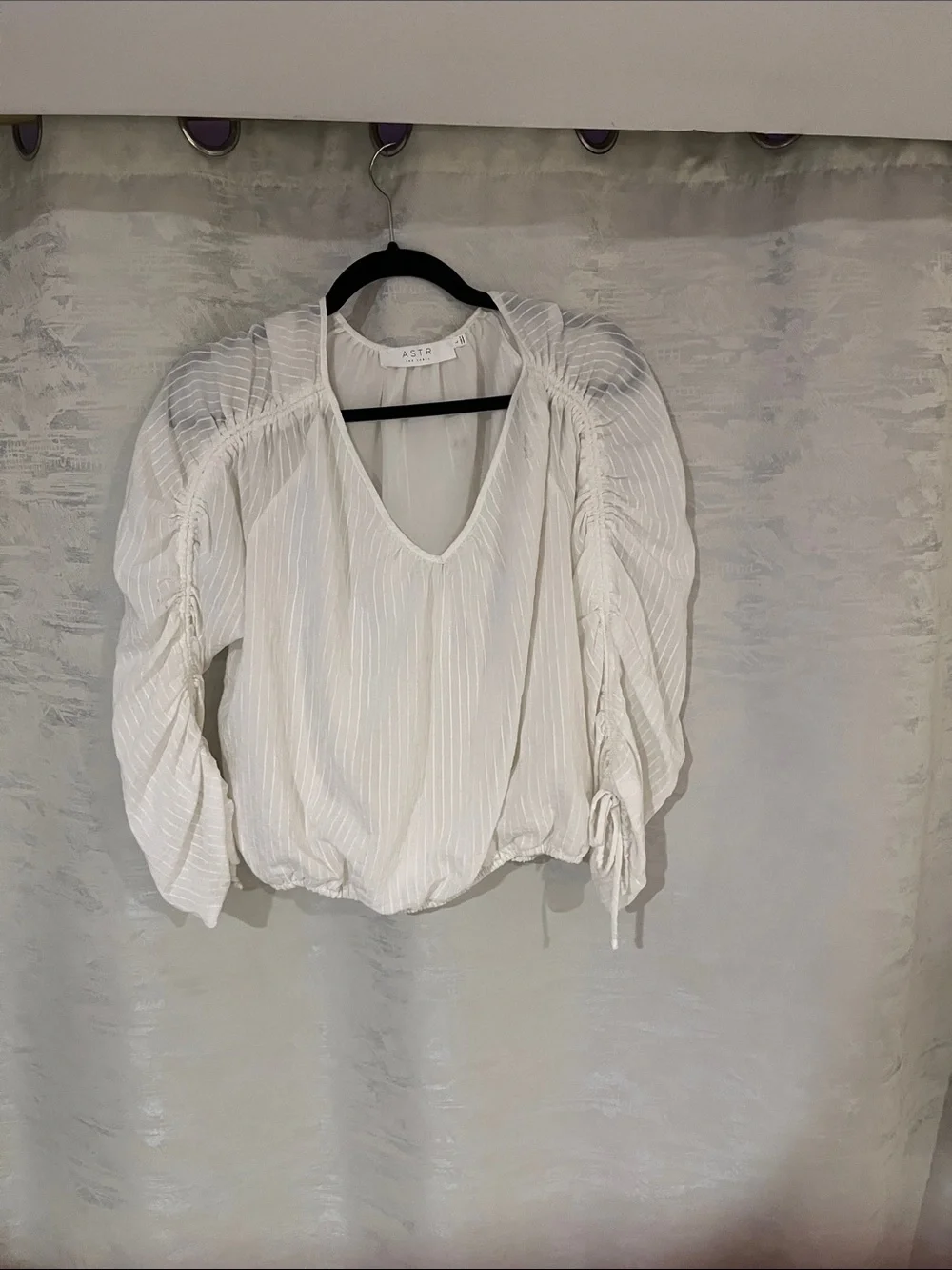 Astr White V-Neck Puff Sleeve Blouse with Drawstring Detail